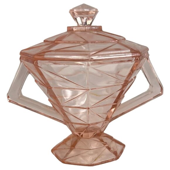 Pink Depression Glass Cracked Ice Covered Sugar Bowl with Lid Art Deco Style VTG - Picture 1 of 9